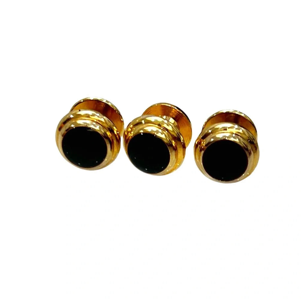 VINTAGE BLACK CENTER & GOLD TONE TUXEDO SHIRT STUDS - SET OF 3